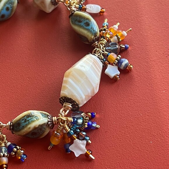 Boho Dangle Bracelet, Banded Agate Gemstone, Ceramic Beads, Wire Wrapped Dangles - Picture 4 of 15
